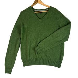 Lands End Merino Wool V Neck Sweater Mens Medium Green Elbow Patch Pullover